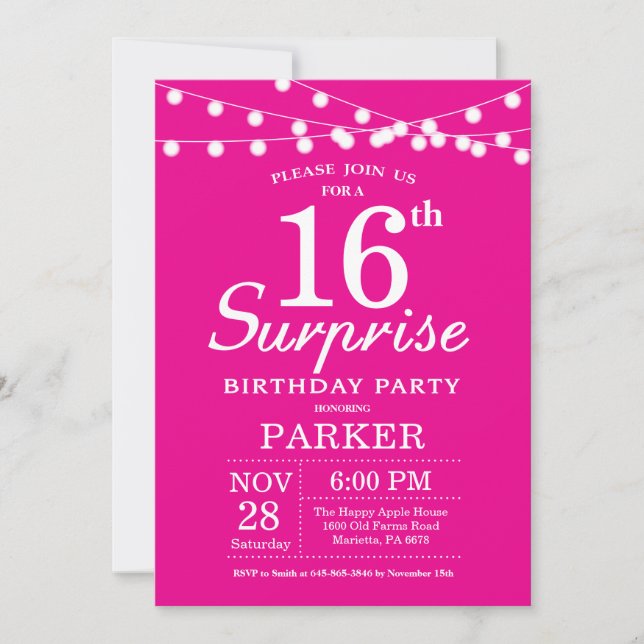 Surprise 16e anniversaire Invitation Hot Pink (Devant)