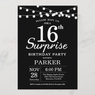 Surprise 16e anniversaire Invitation noir et blanc