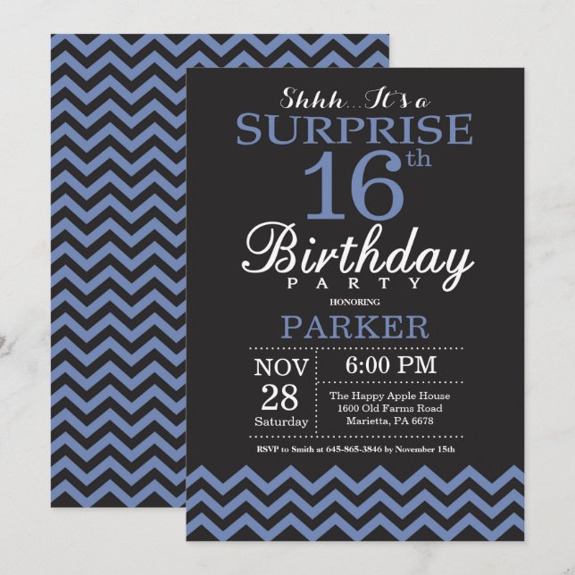 Surprise 16e anniversaire Invitation noir et bleu (Devant / Derrière)