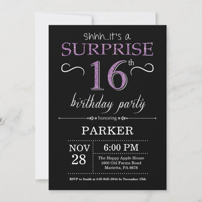 Surprise 16e anniversaire Invitation noir et viole (Devant)