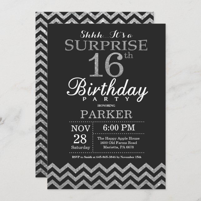 Surprise 16e anniversaire Invitation Parties scint (Devant / Derrière)