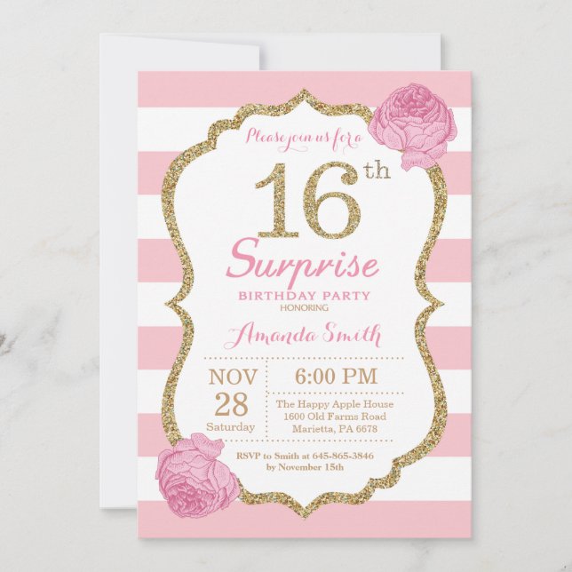 Surprise 16e anniversaire Invitation rose et or (Devant)
