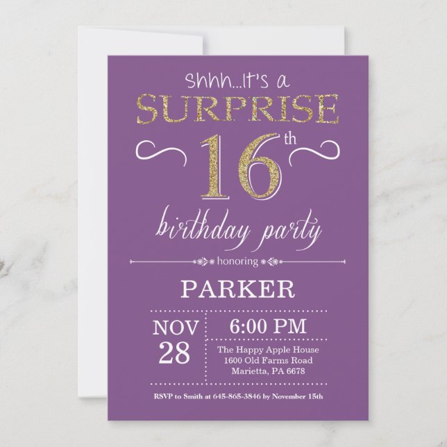 Surprise 16e anniversaire Invitation violet et or (Devant)
