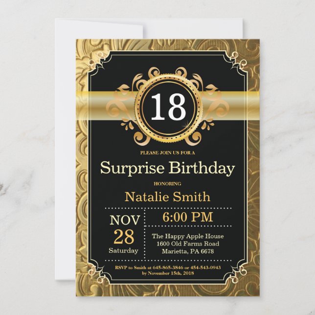 Surprise 18e anniversaire Invitation Black and Gol (Devant)