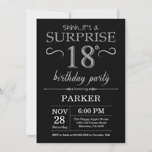 Surprise 18e anniversaire Invitation Black and Sil