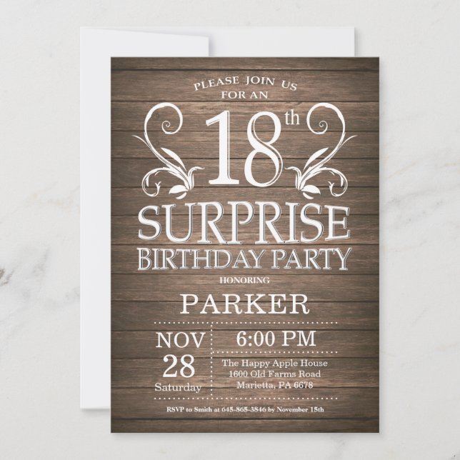 Surprise 18e anniversaire Invitation Bois rustique (Devant)