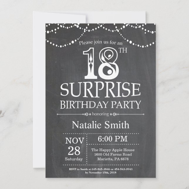 Surprise 18e anniversaire Invitation Chalkboard (Devant)