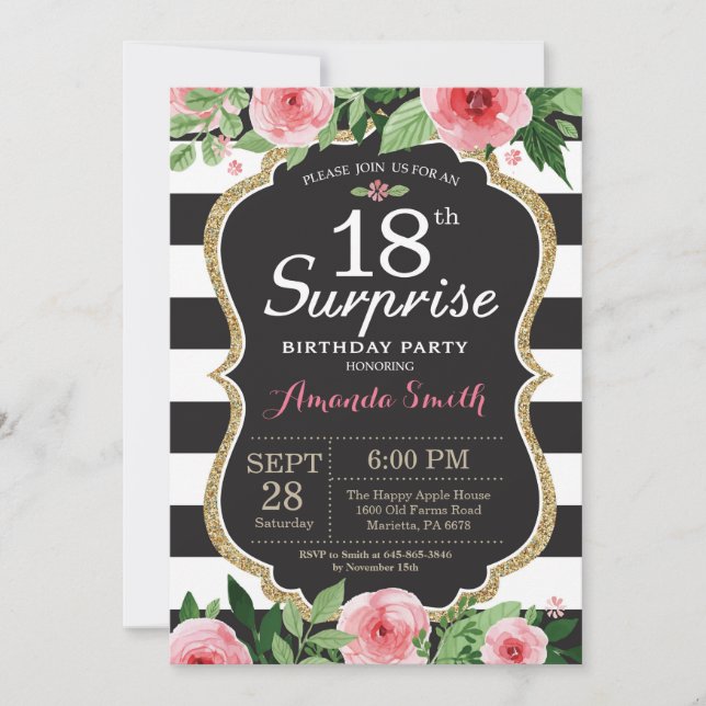 Surprise 18e anniversaire Invitation Femmes. Flora (Devant)
