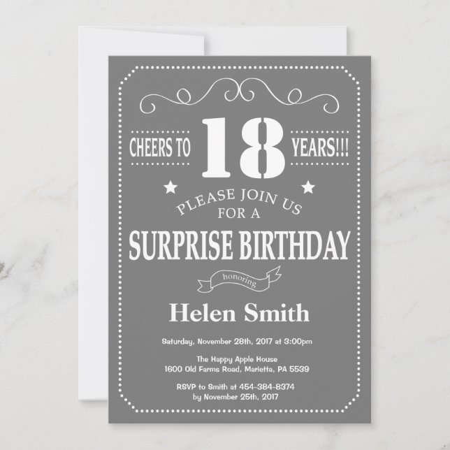 Surprise 18e anniversaire Invitation Gris et blanc (Devant)