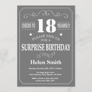 Surprise 18e anniversaire Invitation Gris et blanc