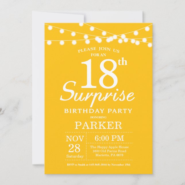 Surprise 18e anniversaire Invitation Jaune (Devant)