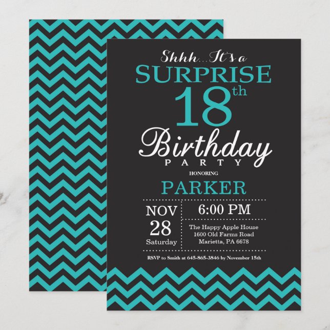 Surprise 18e anniversaire Invitation Noir et Turqu (Devant / Derrière)