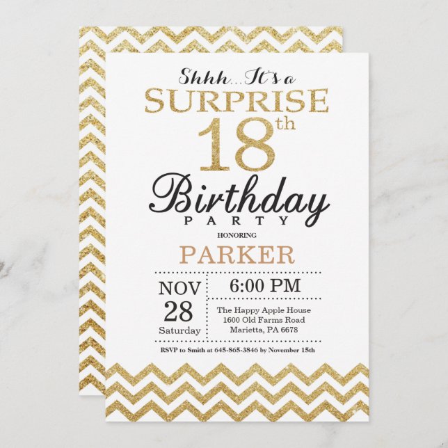 Surprise 18e anniversaire Invitation Parties scint (Devant / Derrière)