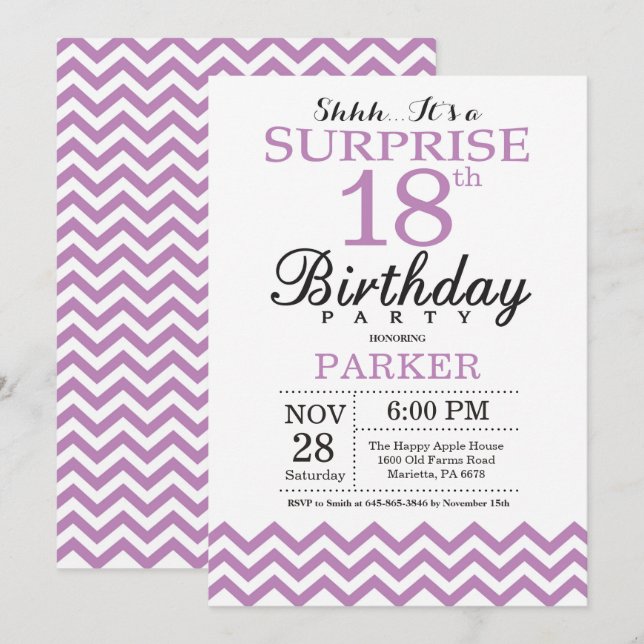 Surprise 18e anniversaire Invitation Purple Chevro (Devant / Derrière)
