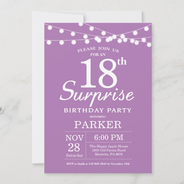 Surprise 18e anniversaire Invitation Purple Lavend (Devant)