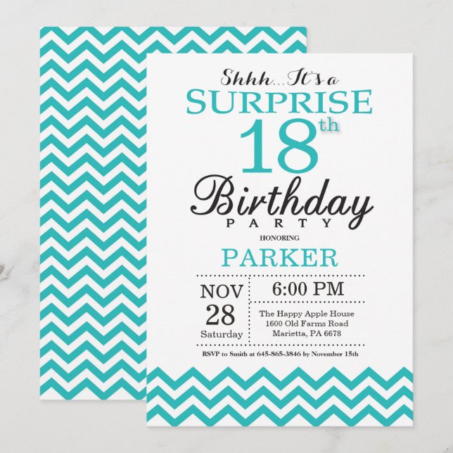 Surprise 18e anniversaire Invitation Turquoise Che (Devant / Derrière)