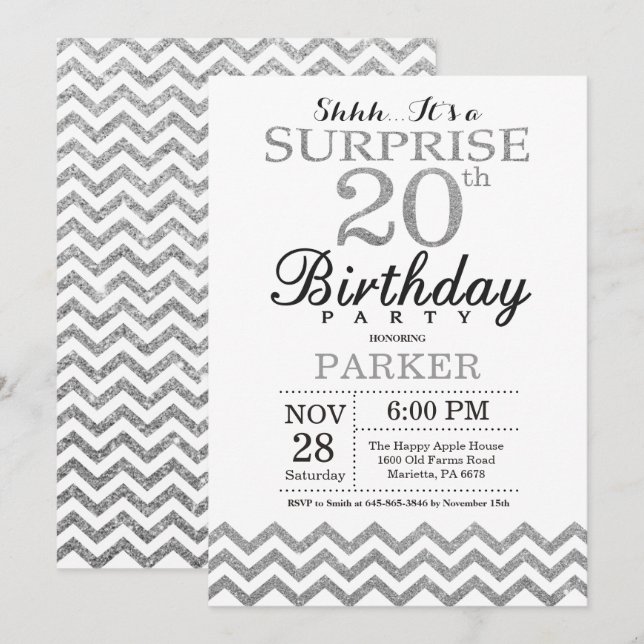 Surprise 20e anniversaire Invitation Parties scint (Devant / Derrière)