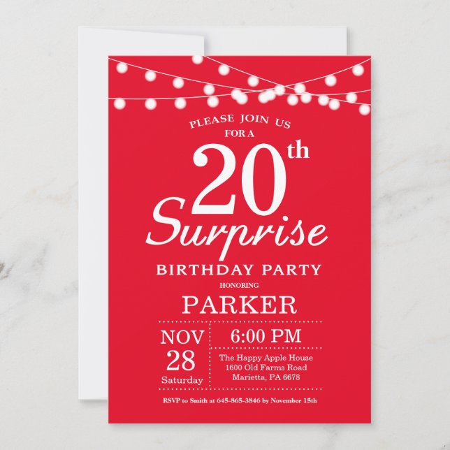 Surprise 20e anniversaire Invitation Rouge (Devant)