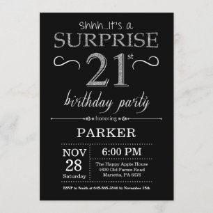 Surprise 21e anniversaire Invitation Black and Sil