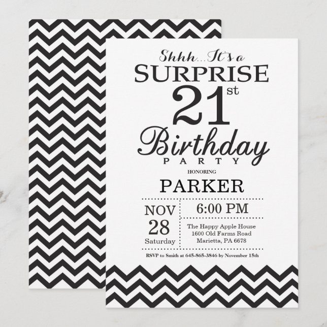 Surprise 21e anniversaire Invitation Black Chevron (Devant / Derrière)