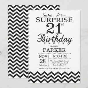 Surprise 21e anniversaire Invitation Black Chevron