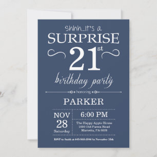 Surprise 21e anniversaire Invitation Bleu