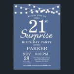 Surprise 21e anniversaire Invitation Bleu<br><div class="desc">Invitation surprise 21e anniversaire avec lumières à cordes. Arrière - plan bleu. Anniversaire garçon ou fille. 13ème 15ème 16ème 18ème 20ème 21ème 30ème 40ème 50ème 60ème 70ème 80ème 90ème 100ème, Tout âge. Pour plus de personnalisation, cliquez sur le bouton "Customiser" et utilisez notre outil de conception pour modifier ce modèle....</div>
