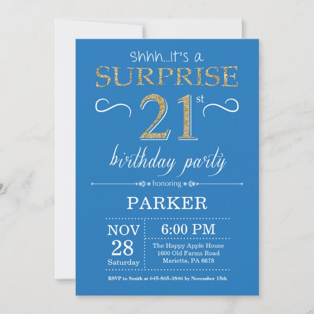 Surprise 21e anniversaire Invitation Bleu et or (Devant)
