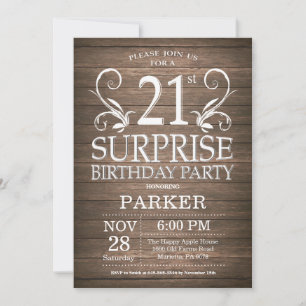 Surprise 21e anniversaire Invitation Bois rustique