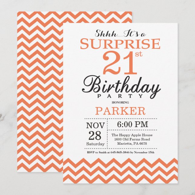 Surprise 21e anniversaire Invitation Coral Chevron (Devant / Derrière)