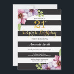 Surprise 21e anniversaire Invitation Femmes Floral<br><div class="desc">Surprise 21e anniversaire Invitation pour femmes. Invitation de fête d'anniversaire noir et or. Parties scintillant or. Fleur Florale d'aquarelle violette. Blancs et Noirs. Numérique imprimable. Pour plus de personnalisation,  cliquez sur le bouton "Customiser" et utilisez notre outil de conception pour modifier ce modèle.</div>