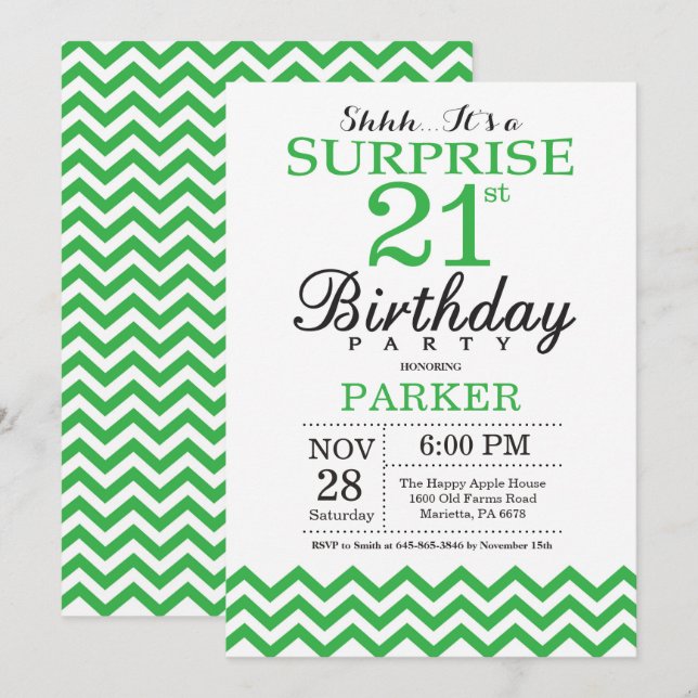 Surprise 21e anniversaire Invitation Green Chevron (Devant / Derrière)