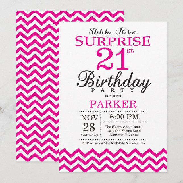 Surprise 21e anniversaire Invitation Hot Pink Chev (Devant / Derrière)