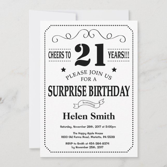 Surprise 21e anniversaire Invitation noir et blanc (Devant)