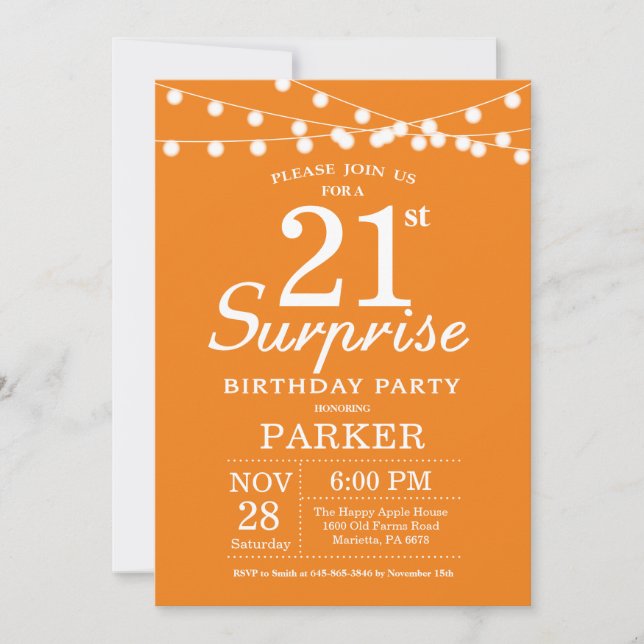 Surprise 21e anniversaire Invitation Orange (Devant)