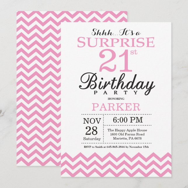 Surprise 21e anniversaire Invitation Pink Chevron (Devant / Derrière)