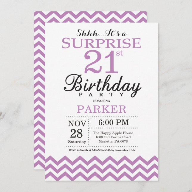 Surprise 21e anniversaire Invitation Purple Chevro (Devant / Derrière)