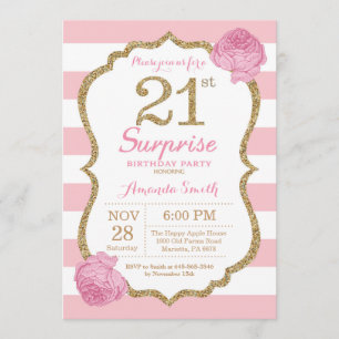 Surprise 21e anniversaire Invitation rose et or