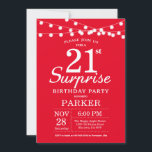 Surprise 21e anniversaire Invitation Rouge<br><div class="desc">Invitation surprise 21e anniversaire avec lumières à cordes. Arrière - plan rouge. 13ème 15ème 16ème 18ème 20ème 21ème 30ème 40ème 50ème 60ème 70ème 80ème 90ème 100ème,  Tout âge. Pour plus de personnalisation,  cliquez sur le bouton "Customiser" et utilisez notre outil de conception pour modifier ce modèle.</div>
