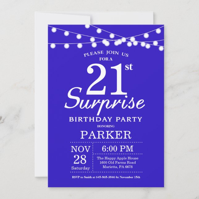 Surprise 21e anniversaire Invitation Royal Blue (Devant)