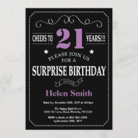 Surprise 21e anniversaire Invitation violet et noi