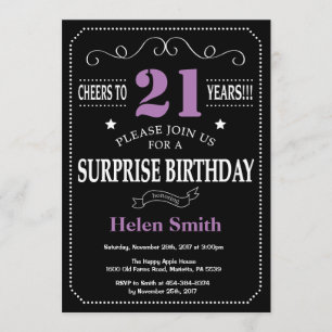 Surprise 21e anniversaire Invitation violet et noi
