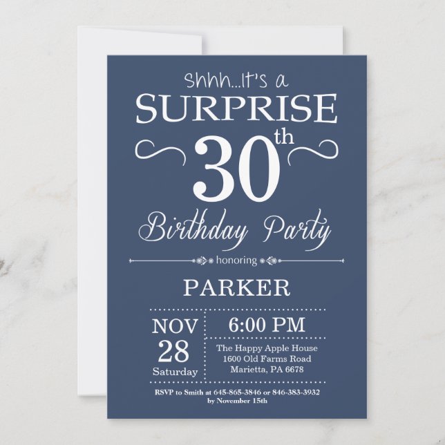 Surprise 30e anniversaire Invitation Bleu et Blanc (Devant)
