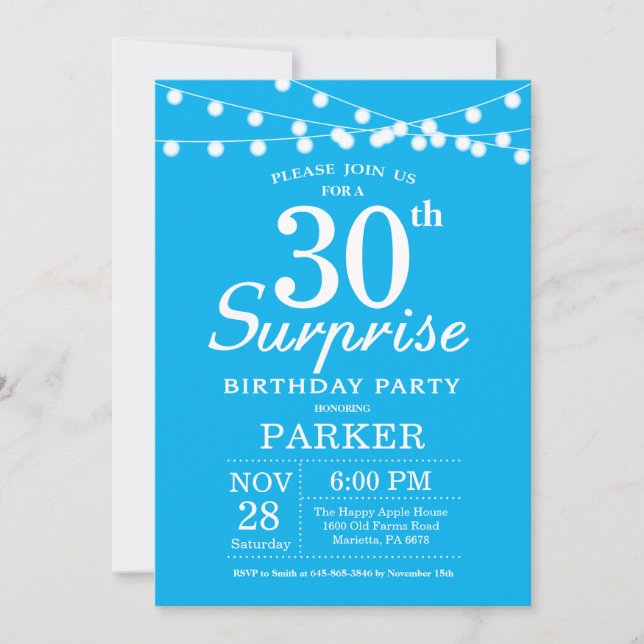 Surprise 30e anniversaire Invitation Bleu et Blanc (Devant)