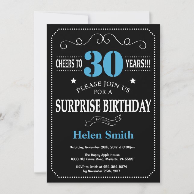 Surprise 30e anniversaire Invitation Bleu et Noir (Devant)