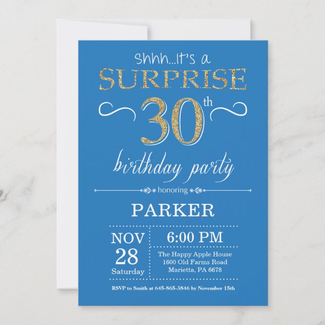 Surprise 30e anniversaire Invitation Bleu et or (Devant)