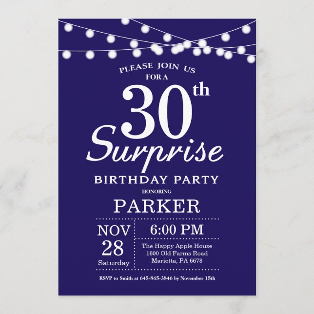 Surprise 30e anniversaire Invitation Marine Bleu (Devant)