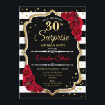 Surprise 30e anniversaire Invitation noir blanc ro<br><div class="desc">Surprise 30th Birthday Invitation Elégant design noir blanc rouge avec fausse parties scintillant. Bandes noires et blanches avec roses rouges. Parfait pour une soirée d'anniversaire élégante.</div>