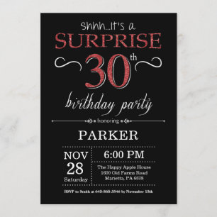 Surprise 30e anniversaire Invitation Noir et Rouge