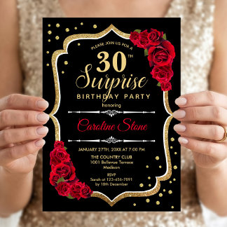 Surprise 30e Anniversaire - Invitation Noir Or Rou